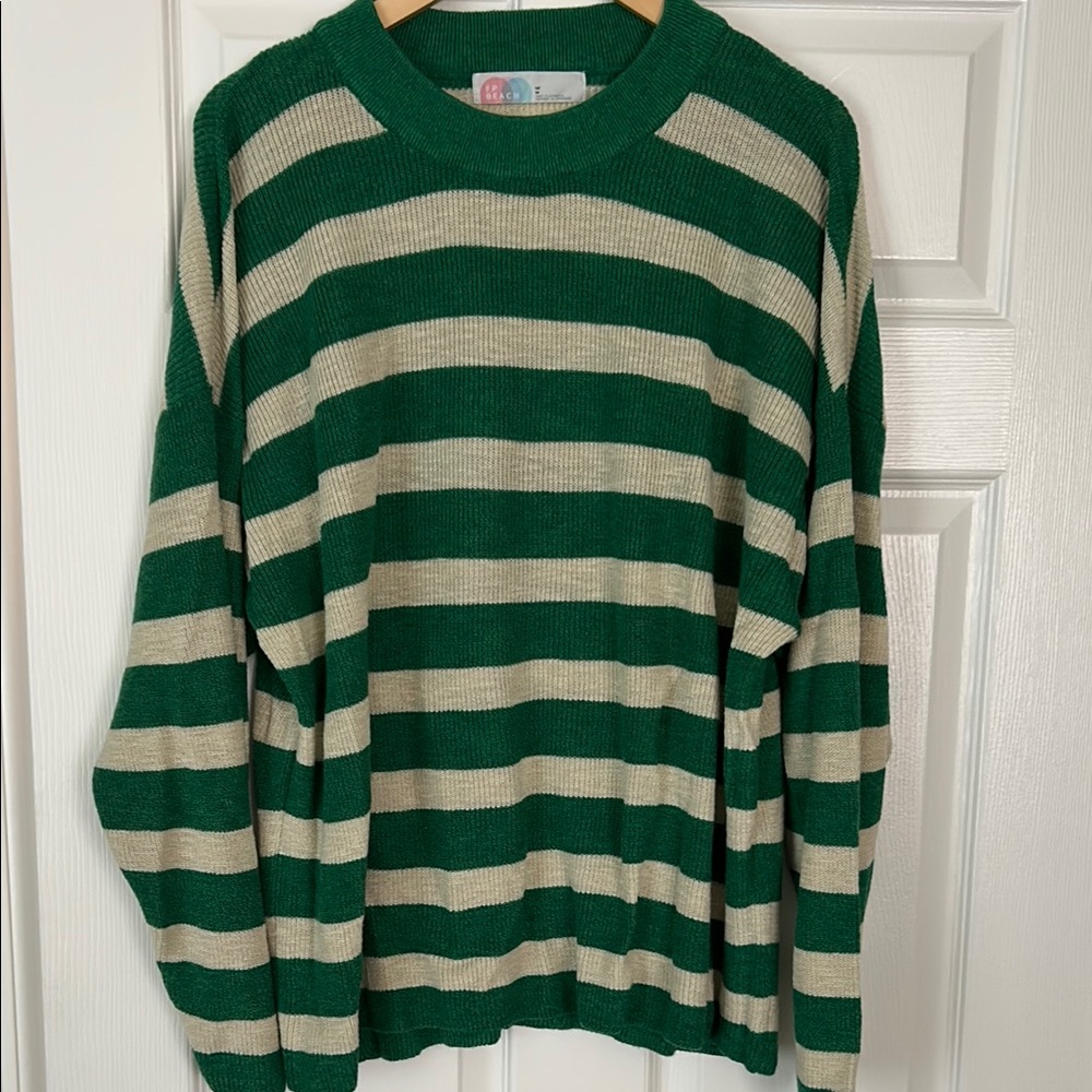 Free People Beach Green and Cream Striped Crew Neck Sweater